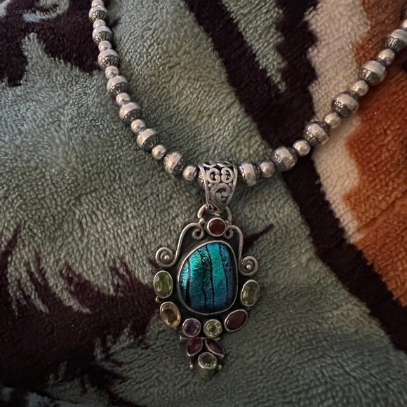 ❤️ Native Artisan Handmade Dichroic Glass & Gemstone Pendant 925 Sterling - Picture 2 of 12